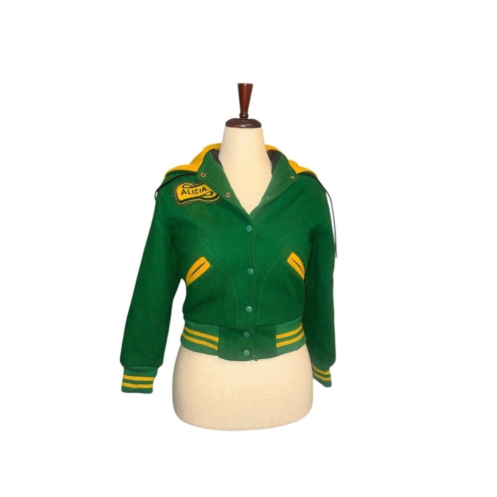 Nelsons 70s Wool Varsity Jacket Womens Green Yellow XS/S Cropped Sailor Hood